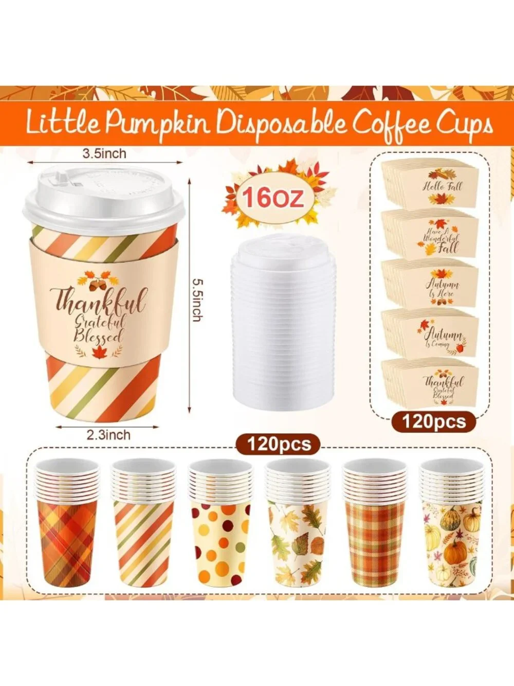 120 Fall Disposable Coffee Cups with Lids - Perfect for Hot Cocoa & Beverages